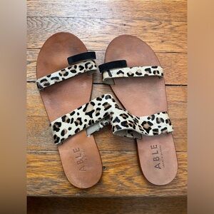 Able Margarete Leopard Print Fur Leather Sandals size 8